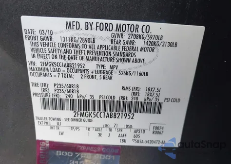 2010 Ford Flex Sel z USA, uszkodzony, nr VIN 2FMGK5CC1ABB21952